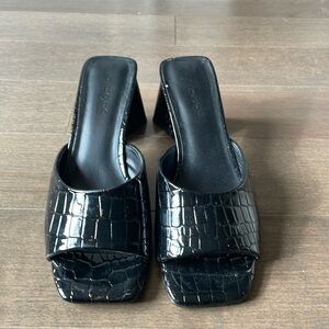 Black Patent Snake Print Mules